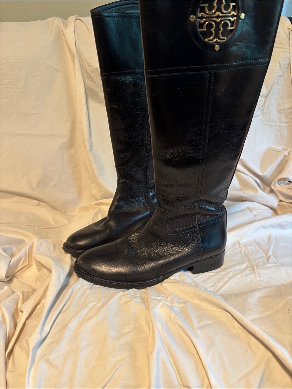 Tory Burch Black Leather Knee-High Zip Boots - Picture 2 of 6